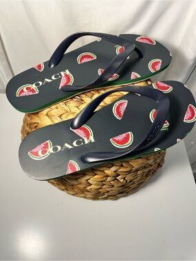 Coach Navy Flip Flops with Pink & Green Watermelon Motif